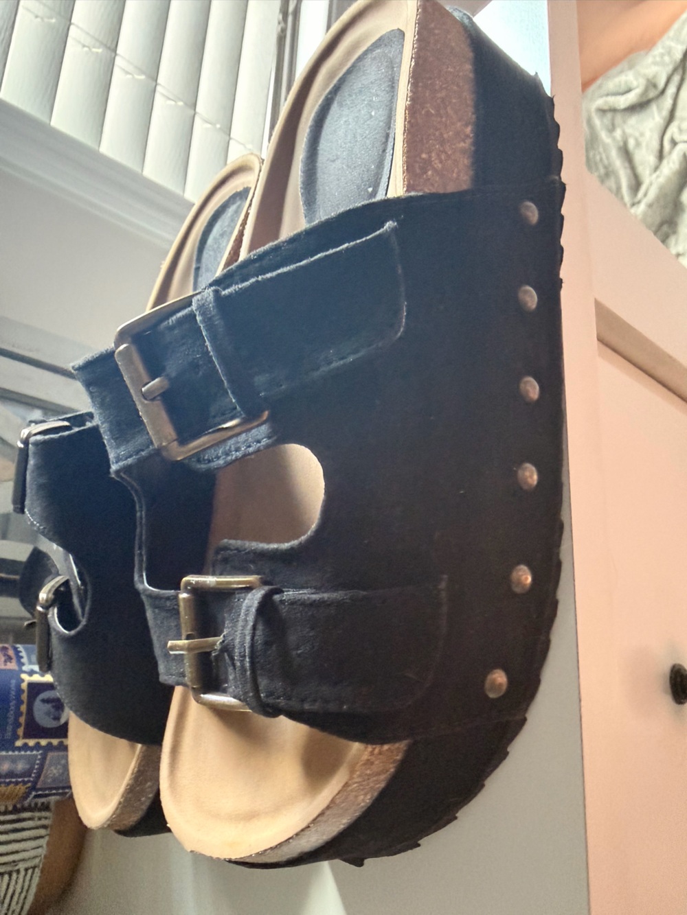 Black Suede Double-Buckle Platform Slide Sandals